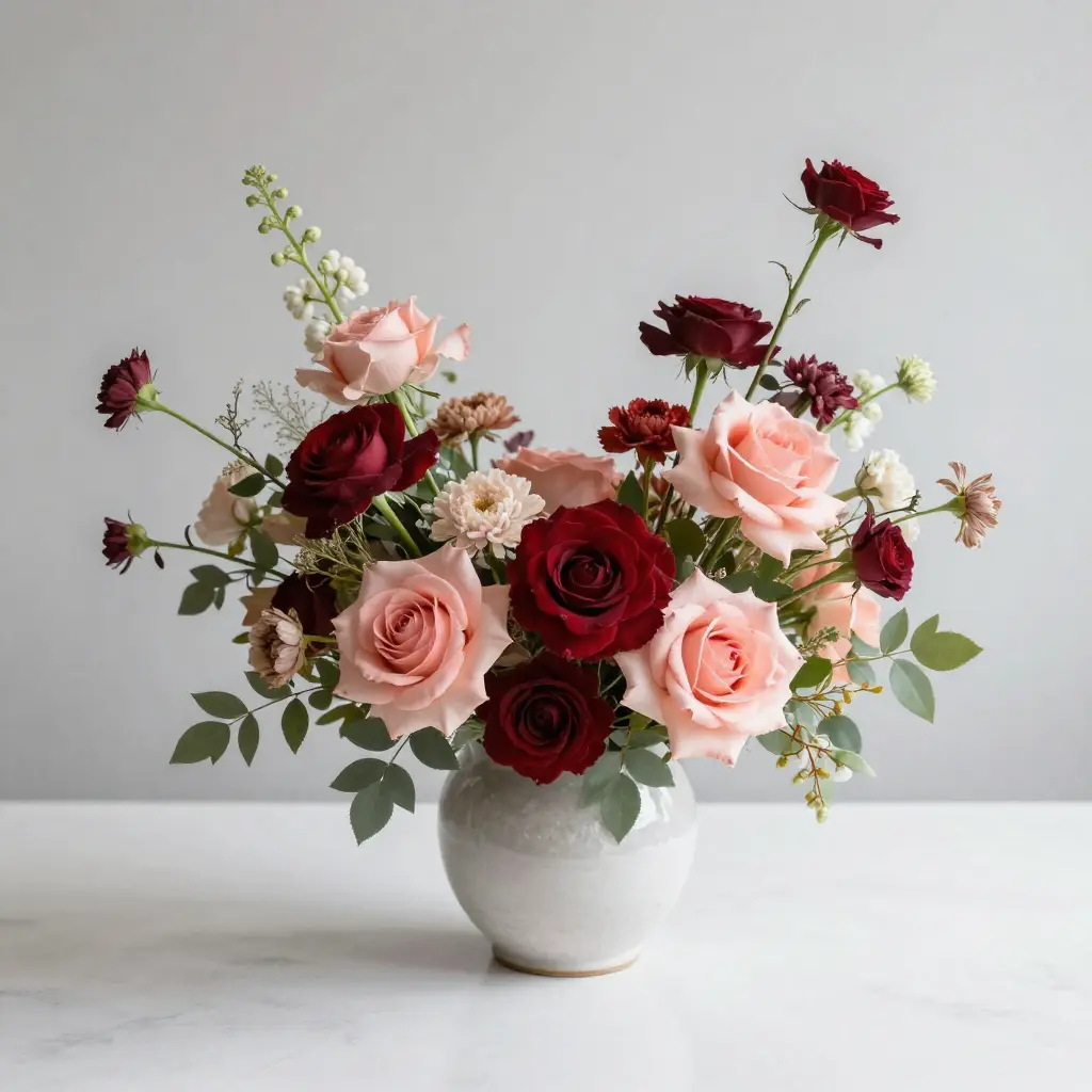 Fargerike blomsterarrangementer på et verkstedbord