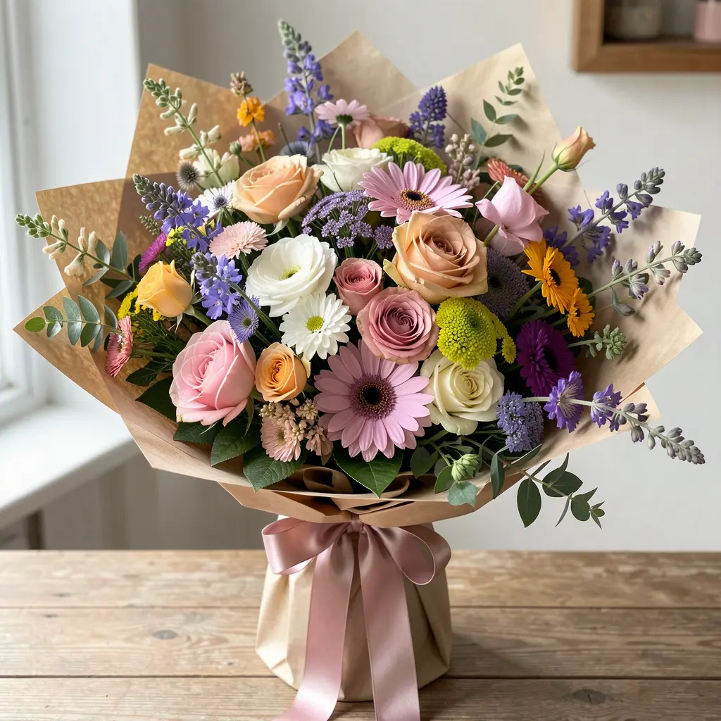 Sesongbasert bukett med naturlige elementer